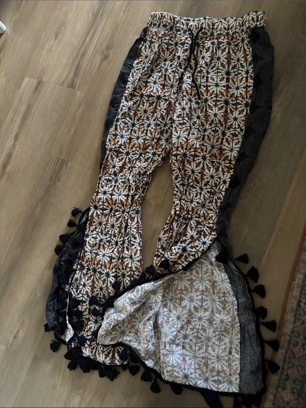 Printed Boot Flare Pants with Tassel Trim - Multi-Color